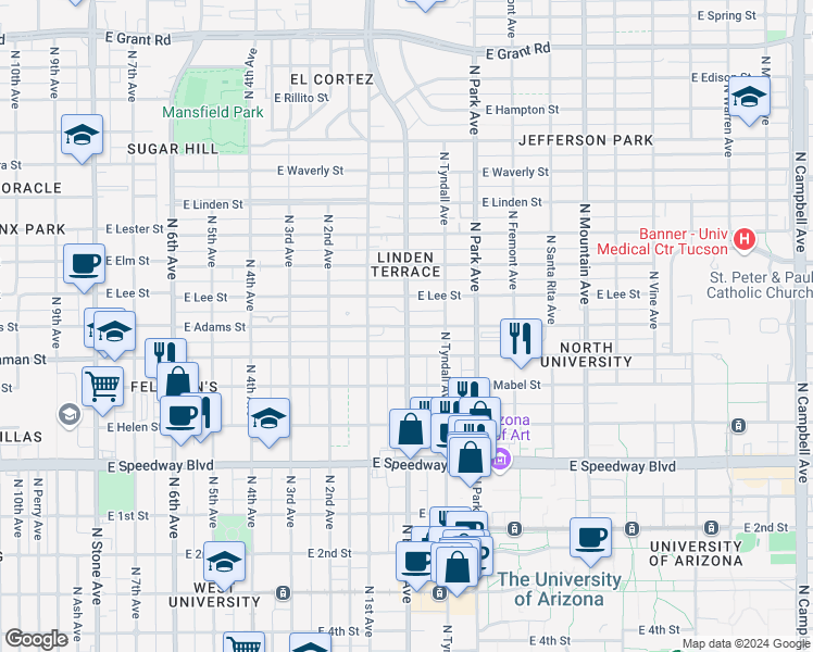 map of restaurants, bars, coffee shops, grocery stores, and more near North Euclid Avenue & East Adams Street in Tucson