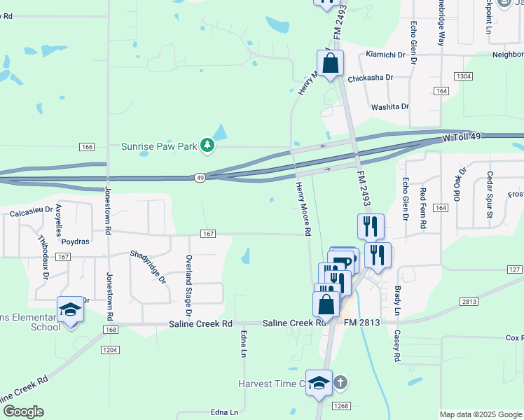 map of restaurants, bars, coffee shops, grocery stores, and more near 16474 County Road 165 in Tyler