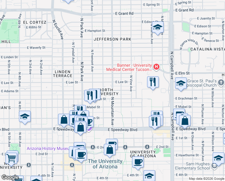 map of restaurants, bars, coffee shops, grocery stores, and more near N Mountain Ave & E Adams St in Tucson