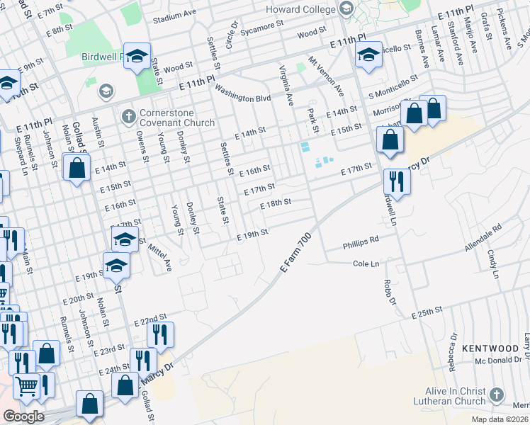 map of restaurants, bars, coffee shops, grocery stores, and more near 1300 East 18th Street in Big Spring