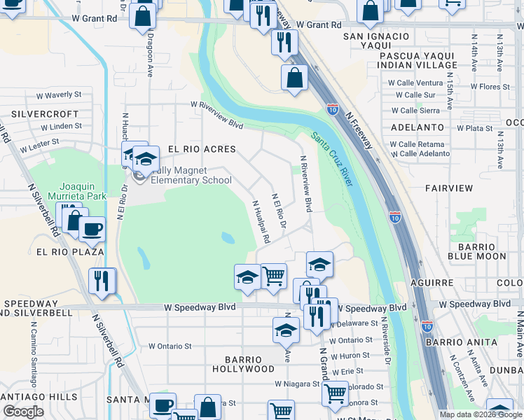 map of restaurants, bars, coffee shops, grocery stores, and more near 1506 North Hualpai Road in Tucson