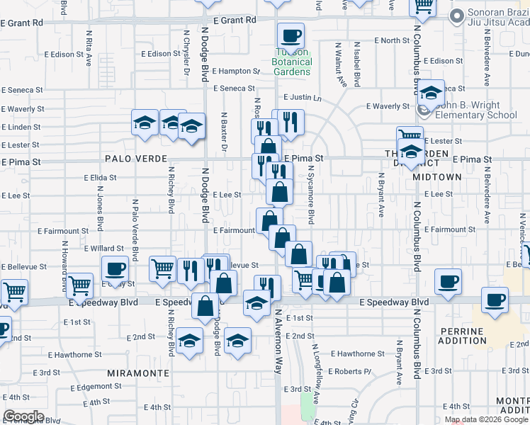map of restaurants, bars, coffee shops, grocery stores, and more near 1427 North Alvernon Way in Tucson