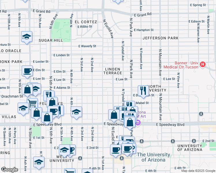 map of restaurants, bars, coffee shops, grocery stores, and more near 701 East Adams Street in Tucson