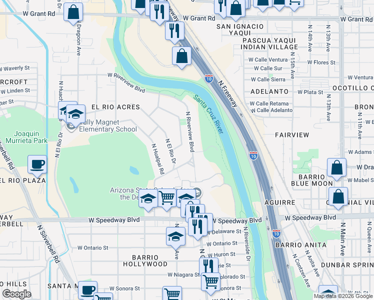 map of restaurants, bars, coffee shops, grocery stores, and more near 1409 North Riverview Boulevard in Tucson