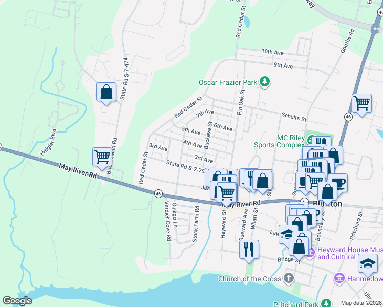 map of restaurants, bars, coffee shops, grocery stores, and more near 46 Whispering Pine Street in Bluffton