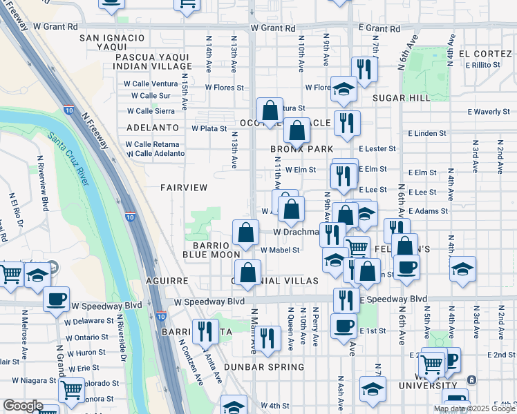 map of restaurants, bars, coffee shops, grocery stores, and more near 1508 North Oracle Road in Tucson
