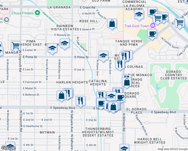 map of restaurants, bars, coffee shops, grocery stores, and more near 1449 North Ridgeway Road in Tucson