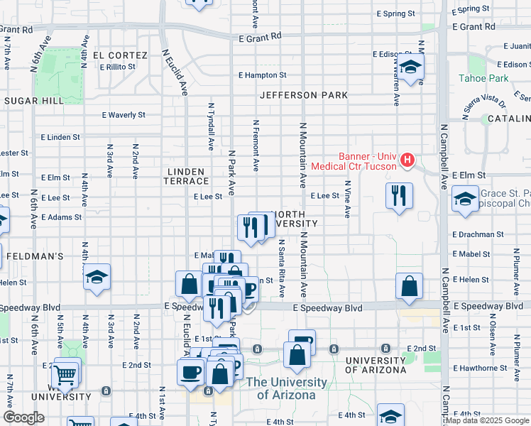 map of restaurants, bars, coffee shops, grocery stores, and more near 1103 East Adams Street in Tucson