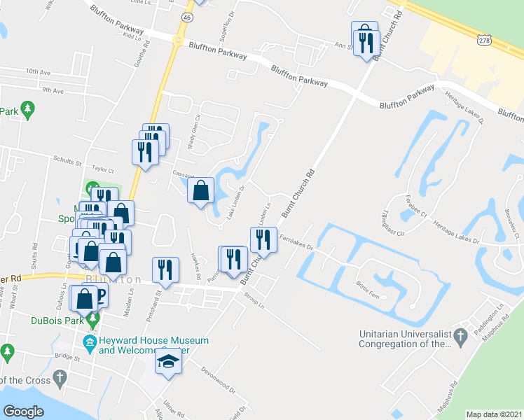 map of restaurants, bars, coffee shops, grocery stores, and more near 14 Lake Linden Lane in Bluffton