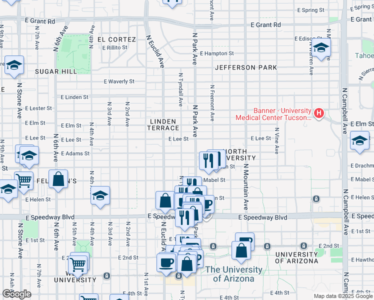 map of restaurants, bars, coffee shops, grocery stores, and more near 1524 North Tyndall Avenue in Tucson