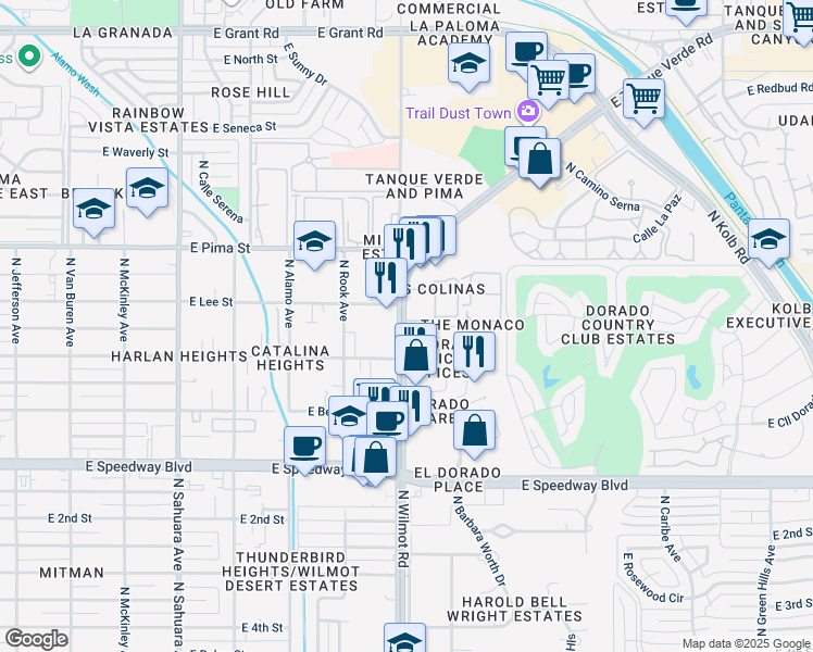 map of restaurants, bars, coffee shops, grocery stores, and more near 1600 North Wilmot Road in Tucson