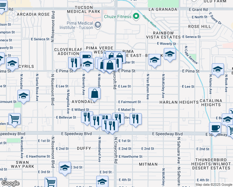 map of restaurants, bars, coffee shops, grocery stores, and more near 1502 North Craycroft Road in Tucson