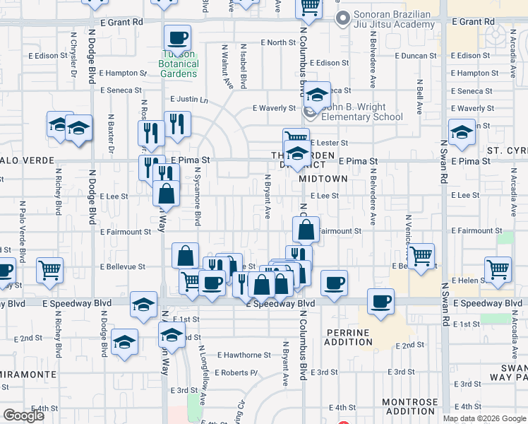 map of restaurants, bars, coffee shops, grocery stores, and more near 1523 North Bryant Avenue in Tucson