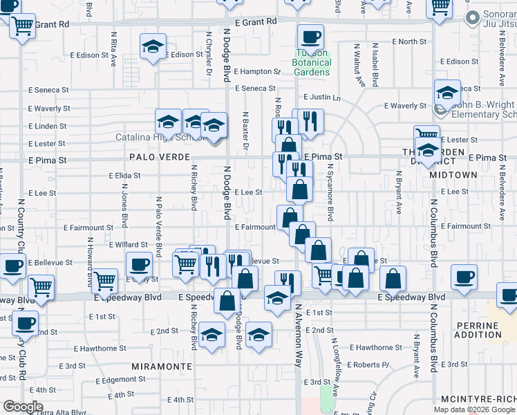 map of restaurants, bars, coffee shops, grocery stores, and more near 1508 North Winstel Boulevard in Tucson