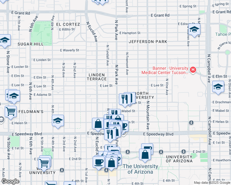 map of restaurants, bars, coffee shops, grocery stores, and more near 1520 North Park Avenue in Tucson