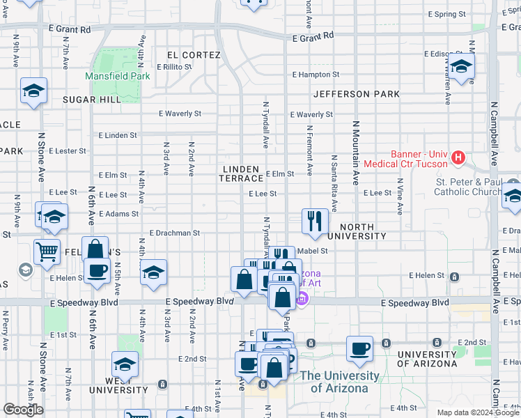 map of restaurants, bars, coffee shops, grocery stores, and more near 1524 North Tyndall Avenue in Tucson
