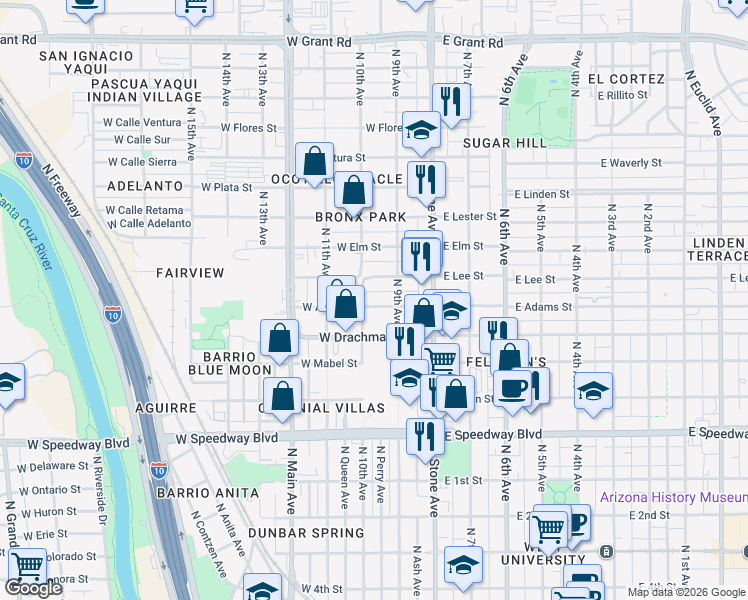 map of restaurants, bars, coffee shops, grocery stores, and more near 160 West Adams Street in Tucson