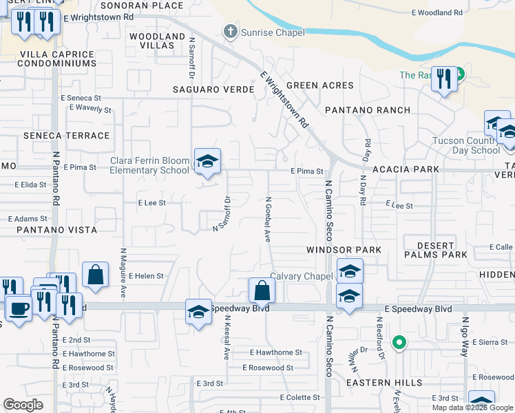 map of restaurants, bars, coffee shops, grocery stores, and more near 8434 East Lee Circle in Tucson