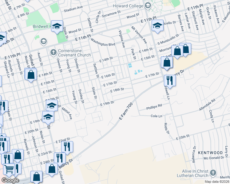 map of restaurants, bars, coffee shops, grocery stores, and more near 1300 East 18th Street in Big Spring