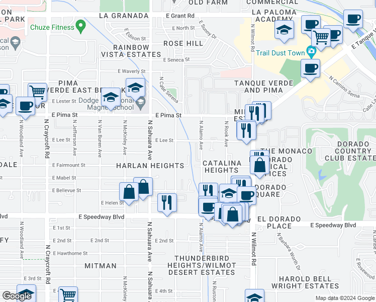 map of restaurants, bars, coffee shops, grocery stores, and more near 1449 North Ridgeway Road in Tucson
