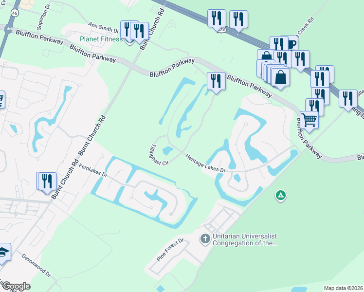 map of restaurants, bars, coffee shops, grocery stores, and more near 49 Heritage Lakes Drive in Bluffton
