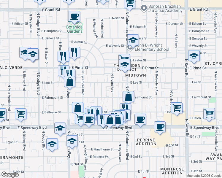 map of restaurants, bars, coffee shops, grocery stores, and more near 1523 North Bryant Avenue in Tucson
