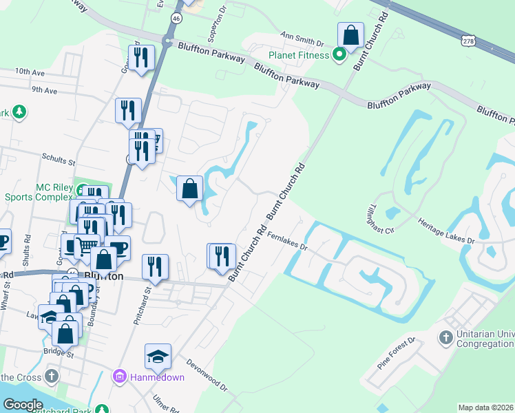 map of restaurants, bars, coffee shops, grocery stores, and more near 11 Lake Linden Lane in Bluffton