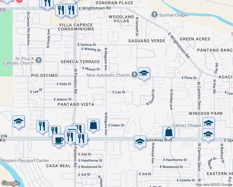 map of restaurants, bars, coffee shops, grocery stores, and more near 1590 North Debra Sue Place in Tucson