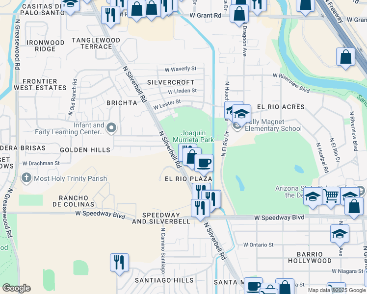map of restaurants, bars, coffee shops, grocery stores, and more near 1400 North Silverbell Road in Tucson