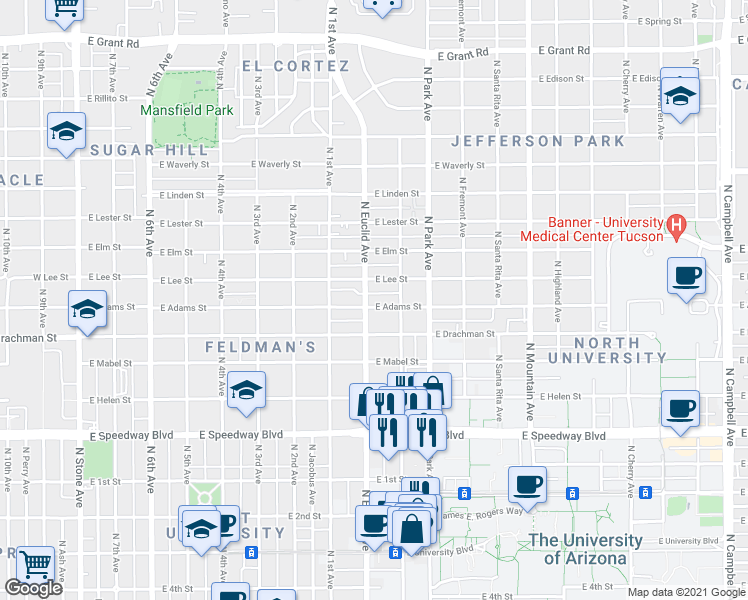 map of restaurants, bars, coffee shops, grocery stores, and more near in Tucson
