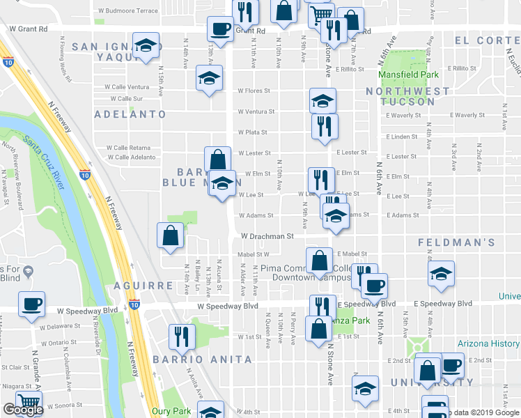 map of restaurants, bars, coffee shops, grocery stores, and more near 268 West Adams Street in Tucson