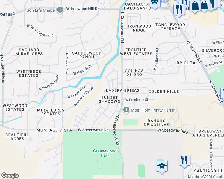 map of restaurants, bars, coffee shops, grocery stores, and more near 2565 West Brogan Street in Tucson
