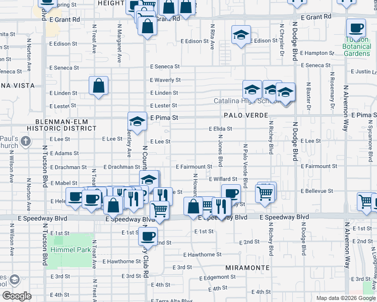 map of restaurants, bars, coffee shops, grocery stores, and more near 3243 East Camden Street in Tucson
