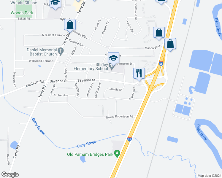 map of restaurants, bars, coffee shops, grocery stores, and more near 3904 Camilla Drive in Jackson