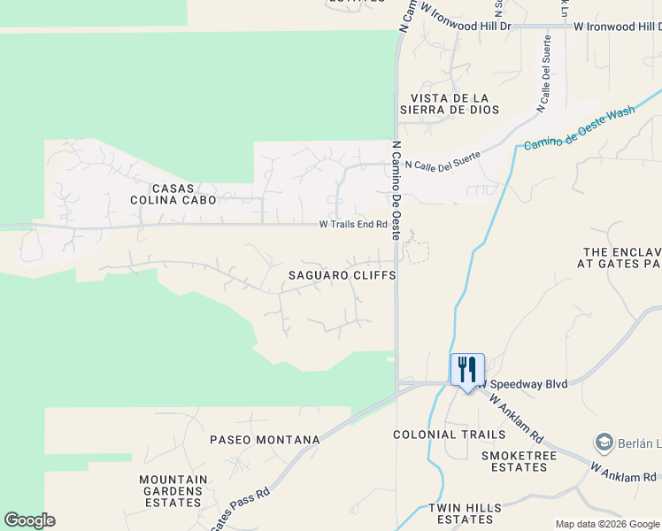 map of restaurants, bars, coffee shops, grocery stores, and more near 1548 North Fern Cliffs Court in Tucson