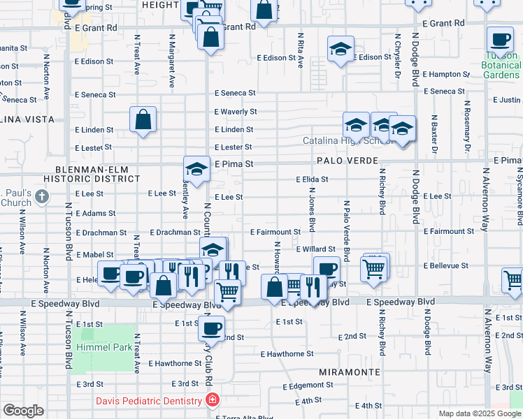 map of restaurants, bars, coffee shops, grocery stores, and more near 3231 East Camden Street in Tucson