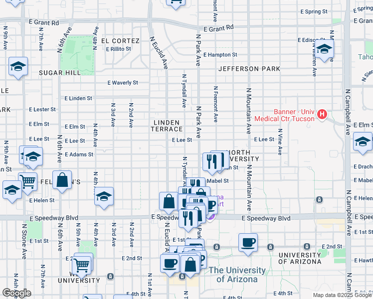 map of restaurants, bars, coffee shops, grocery stores, and more near 1524 North Tyndall Avenue in Tucson