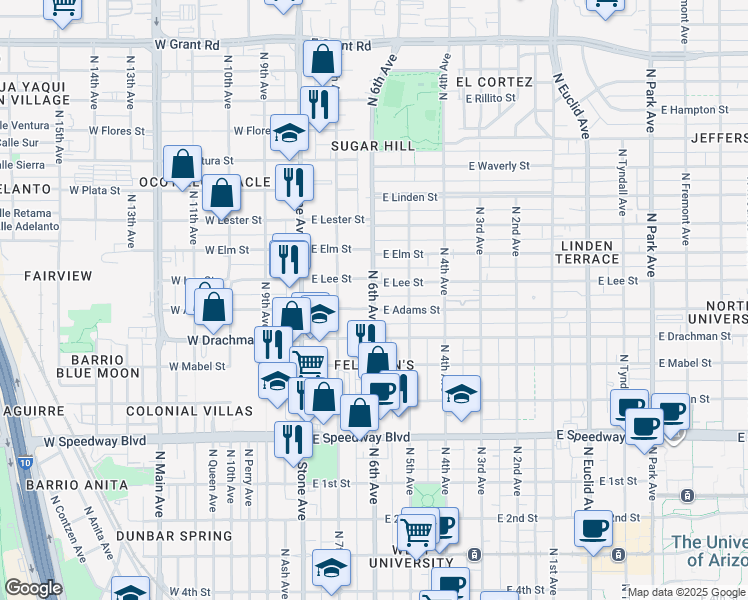 map of restaurants, bars, coffee shops, grocery stores, and more near 1514 North 6th Avenue in Tucson