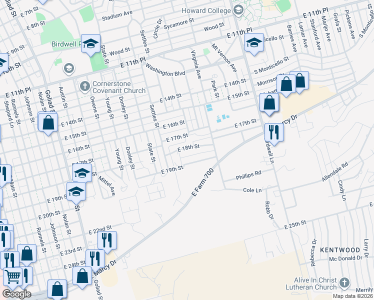 map of restaurants, bars, coffee shops, grocery stores, and more near 1300 East 18th Street in Big Spring