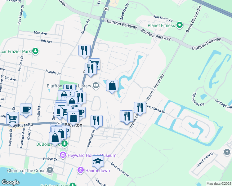 map of restaurants, bars, coffee shops, grocery stores, and more near 165 Lake Linden Drive in Bluffton