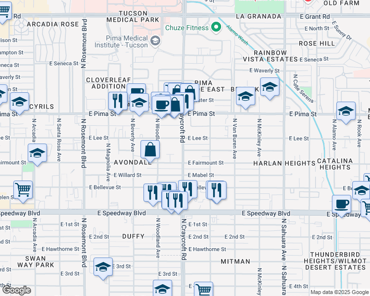 map of restaurants, bars, coffee shops, grocery stores, and more near 1502 North Craycroft Road in Tucson