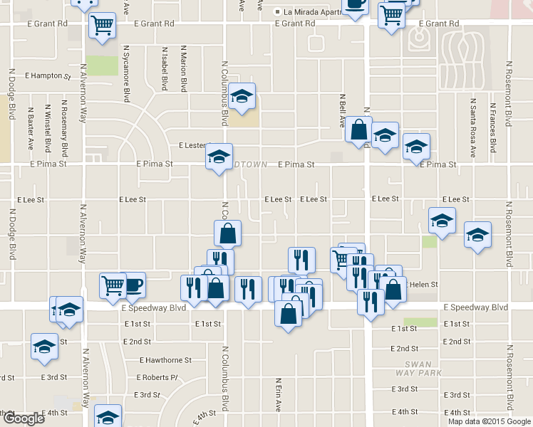 map of restaurants, bars, coffee shops, grocery stores, and more near 4426 East Lee Street in Tucson
