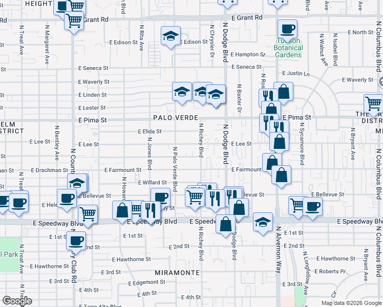 map of restaurants, bars, coffee shops, grocery stores, and more near 3519 East Camden Street in Tucson