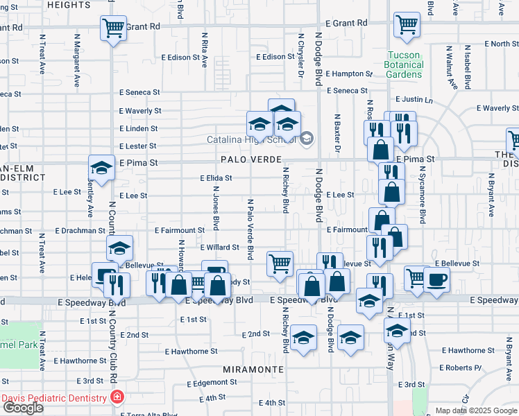 map of restaurants, bars, coffee shops, grocery stores, and more near 3519 East Camden Street in Tucson
