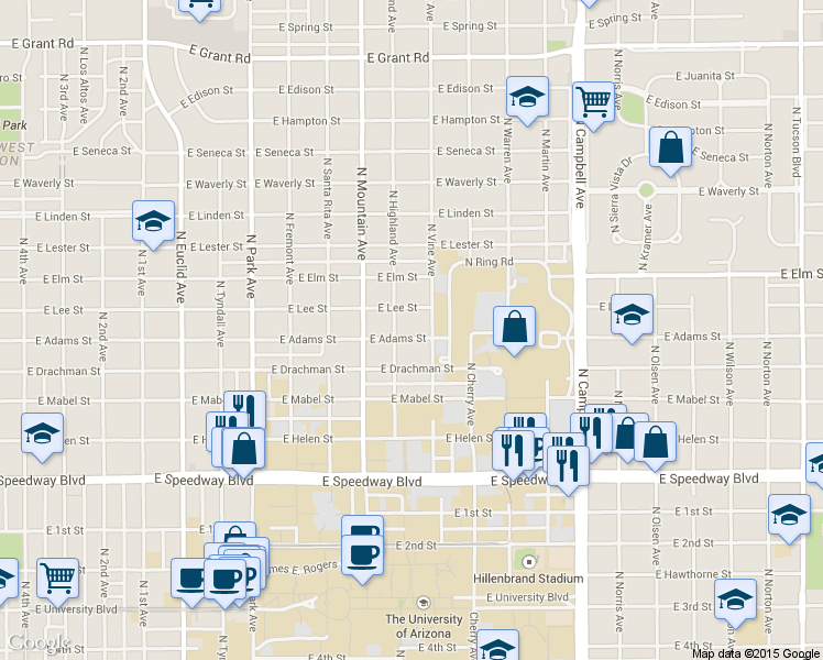 map of restaurants, bars, coffee shops, grocery stores, and more near 1425 East Adams Street in Tucson