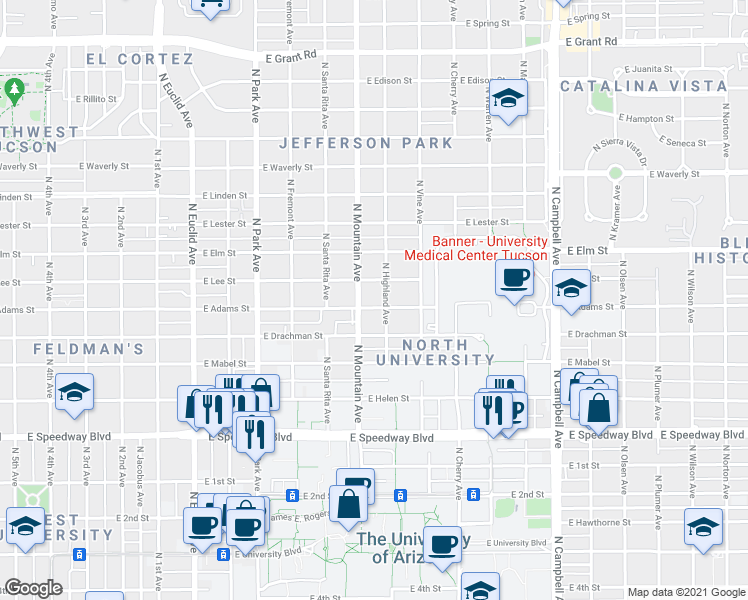 map of restaurants, bars, coffee shops, grocery stores, and more near 1315 East Adams Street in Tucson