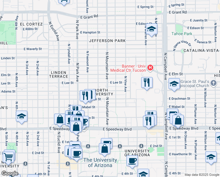 map of restaurants, bars, coffee shops, grocery stores, and more near 1315 East Adams Street in Tucson