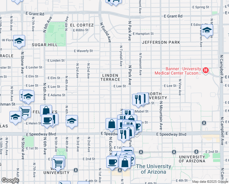 map of restaurants, bars, coffee shops, grocery stores, and more near in Tucson