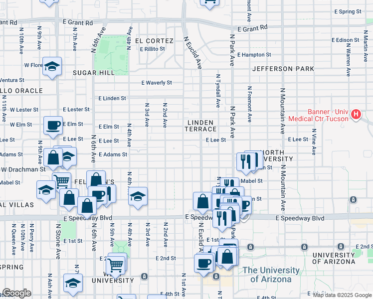 map of restaurants, bars, coffee shops, grocery stores, and more near 701 East Adams Street in Tucson