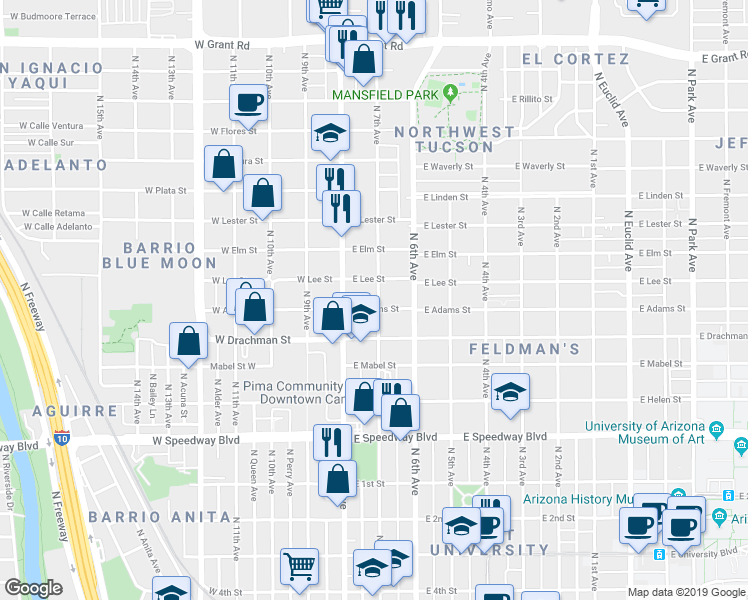 map of restaurants, bars, coffee shops, grocery stores, and more near 1502 North 7th Avenue in Tucson
